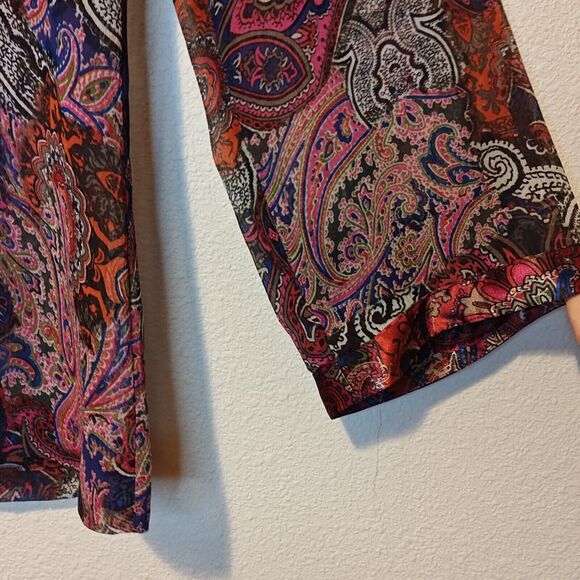 Chico's 100% Silk Paisley Popover Blouse Semi Sheer Floral Silky Trim Women's M - Picture 4 of 7